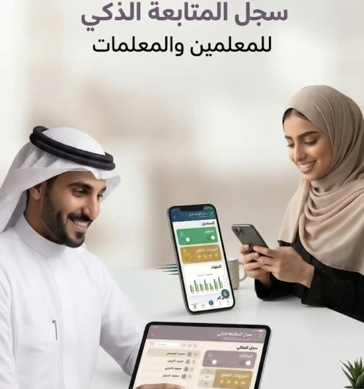 سجل المتابعة الذكي للمعلمين والمعلمات — معلم ومعلمة يستخدمان التطبيق